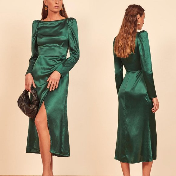 Reformation Dresses & Skirts - NWT Reformation Silk Emerald Green Long Sleeve Cameron Midi Dress size 0 XS NEW